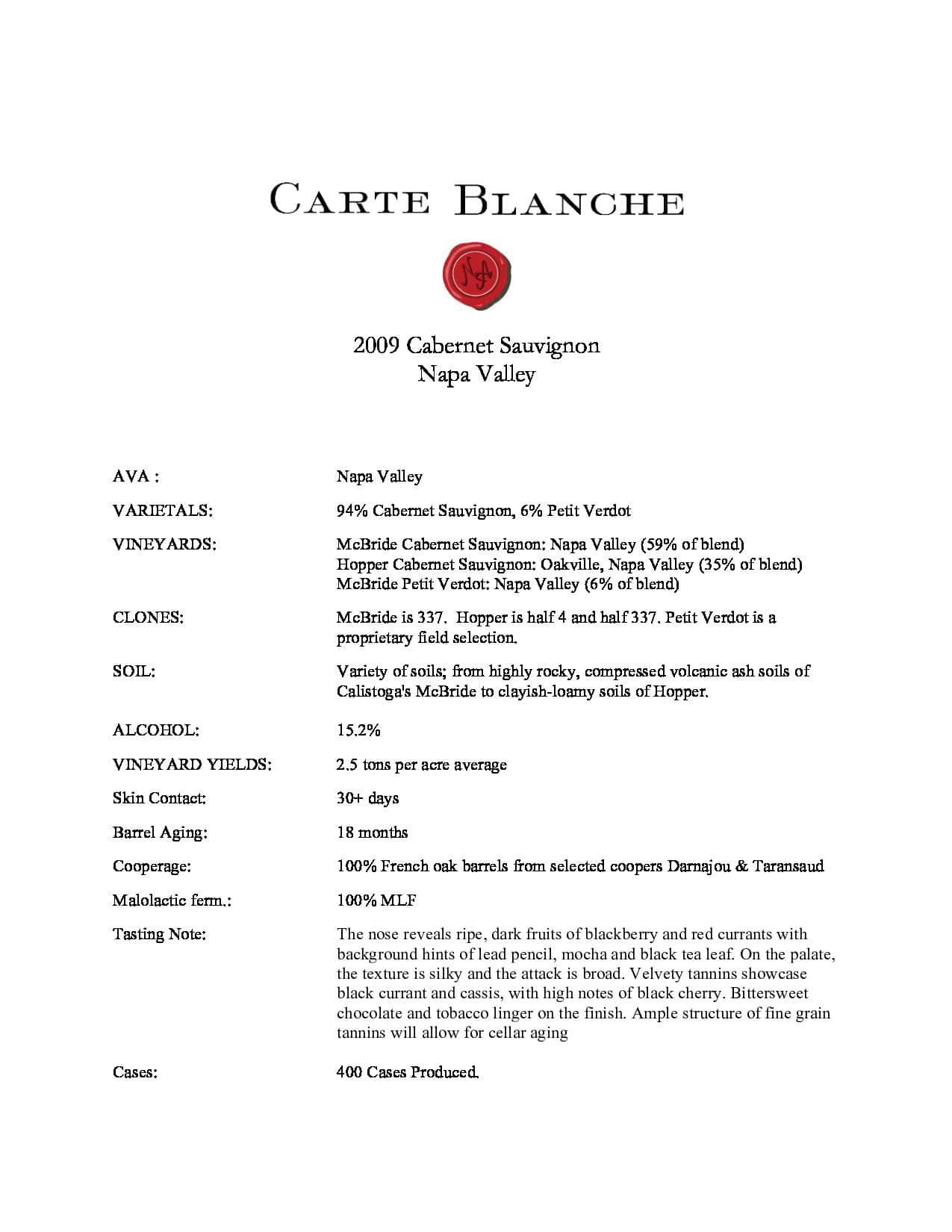 2009 Carte Blanche Cabernet Sauvignon