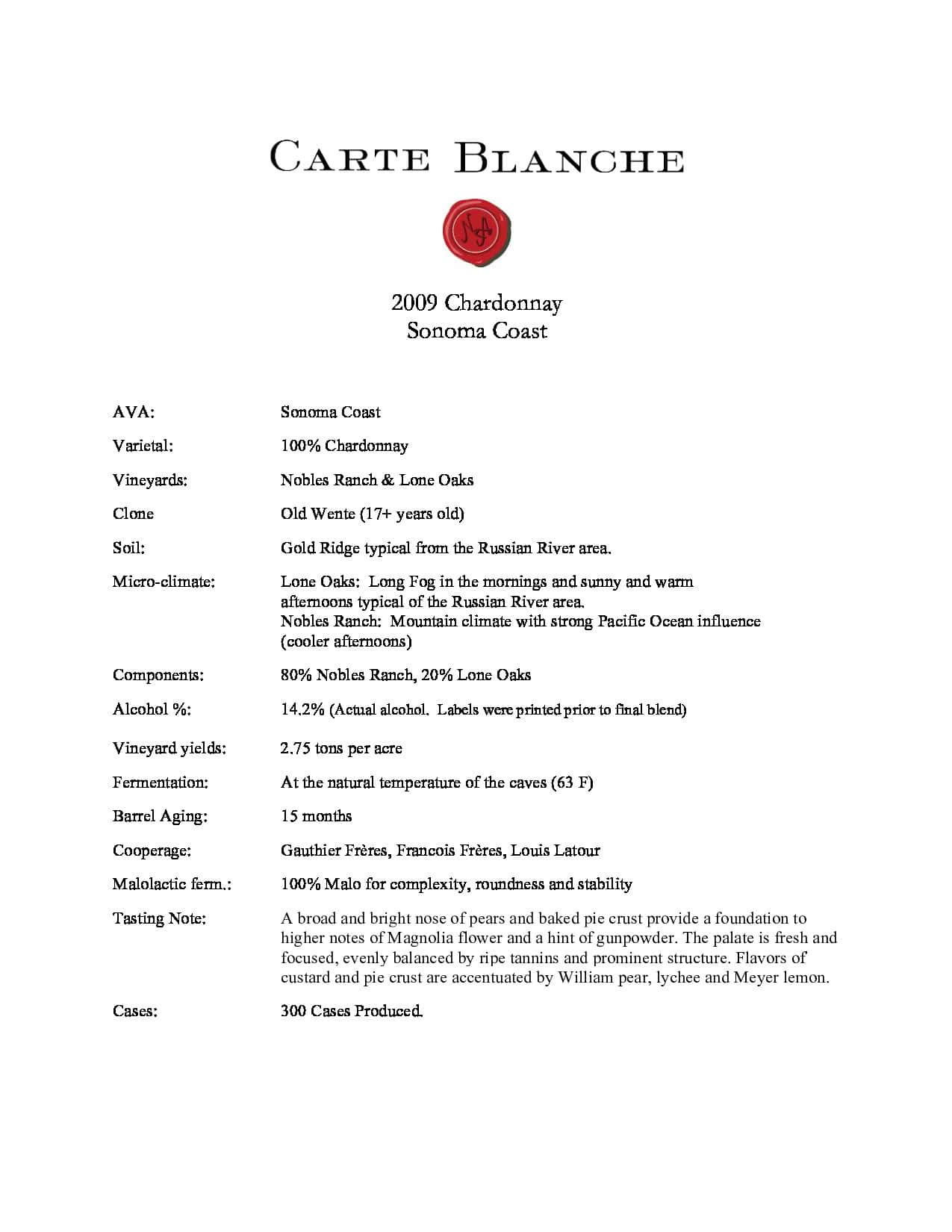 2009 Carte Blanche Chardonnay