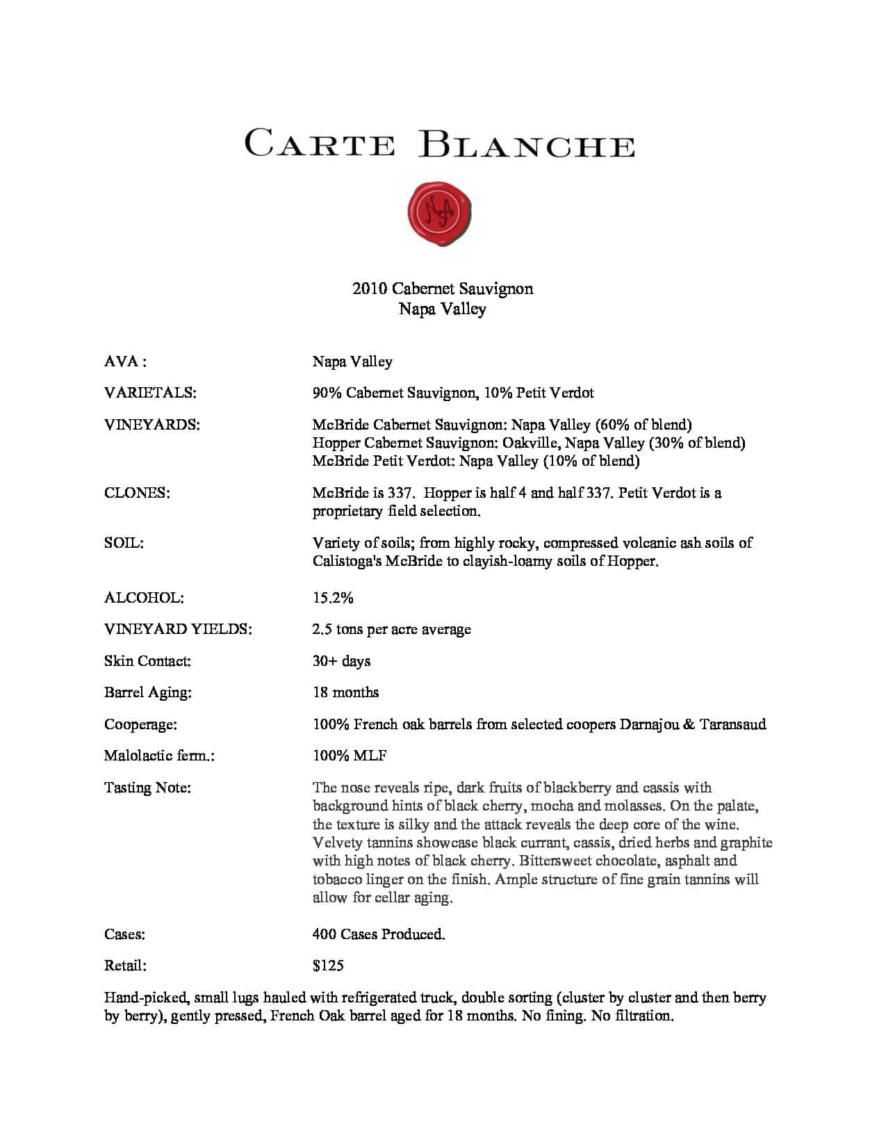 2010 Carte Blanche Cabernet Sauvignon