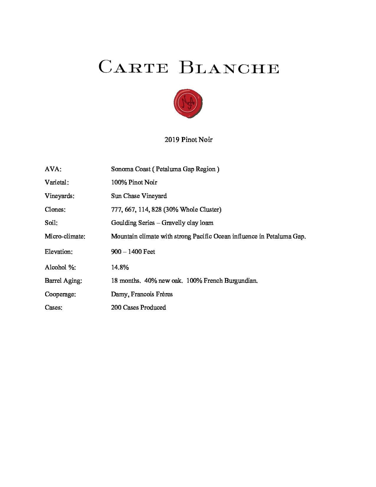 2019 Carte Blanche Pinot Noir