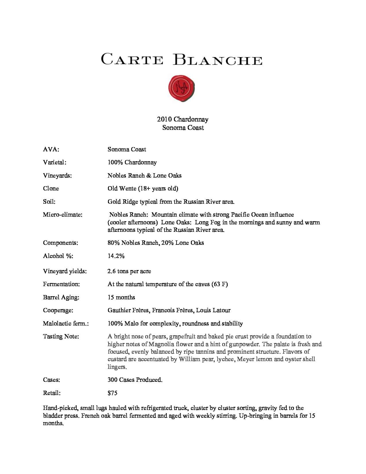 2010 Carte Blanche Chardonnay