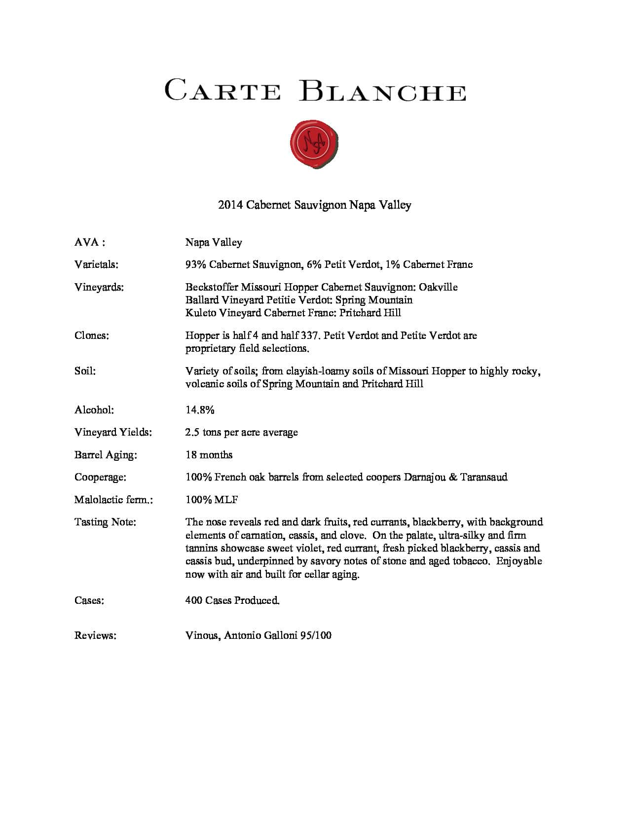 2014 Carte Blanche Cabernet Sauvignon