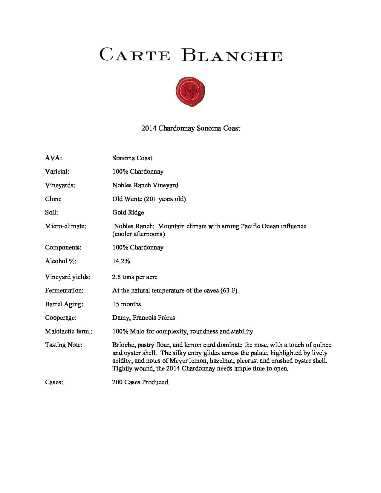 2014 Carte Blanche Chardonnay