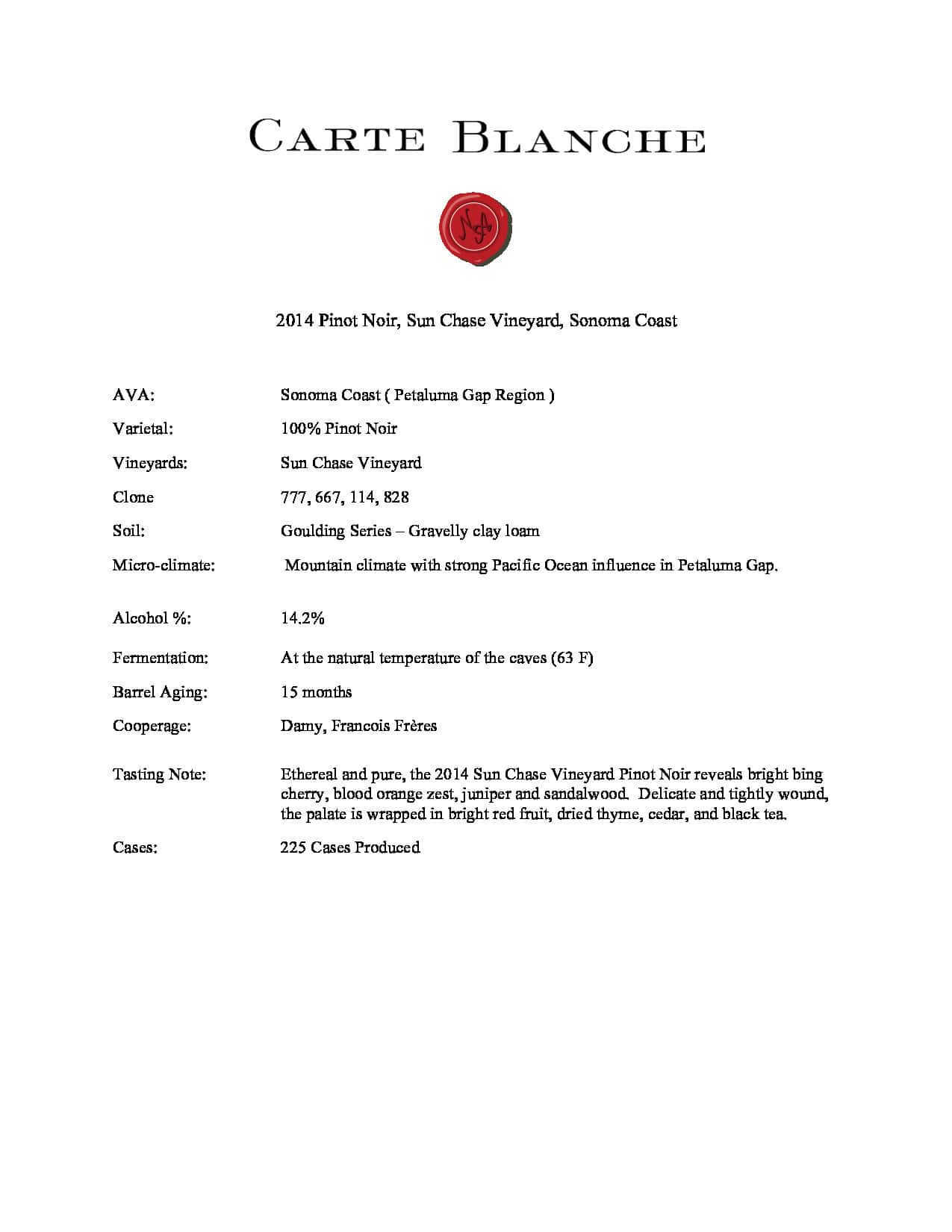 2014 Carte Blanche Pinot Noir