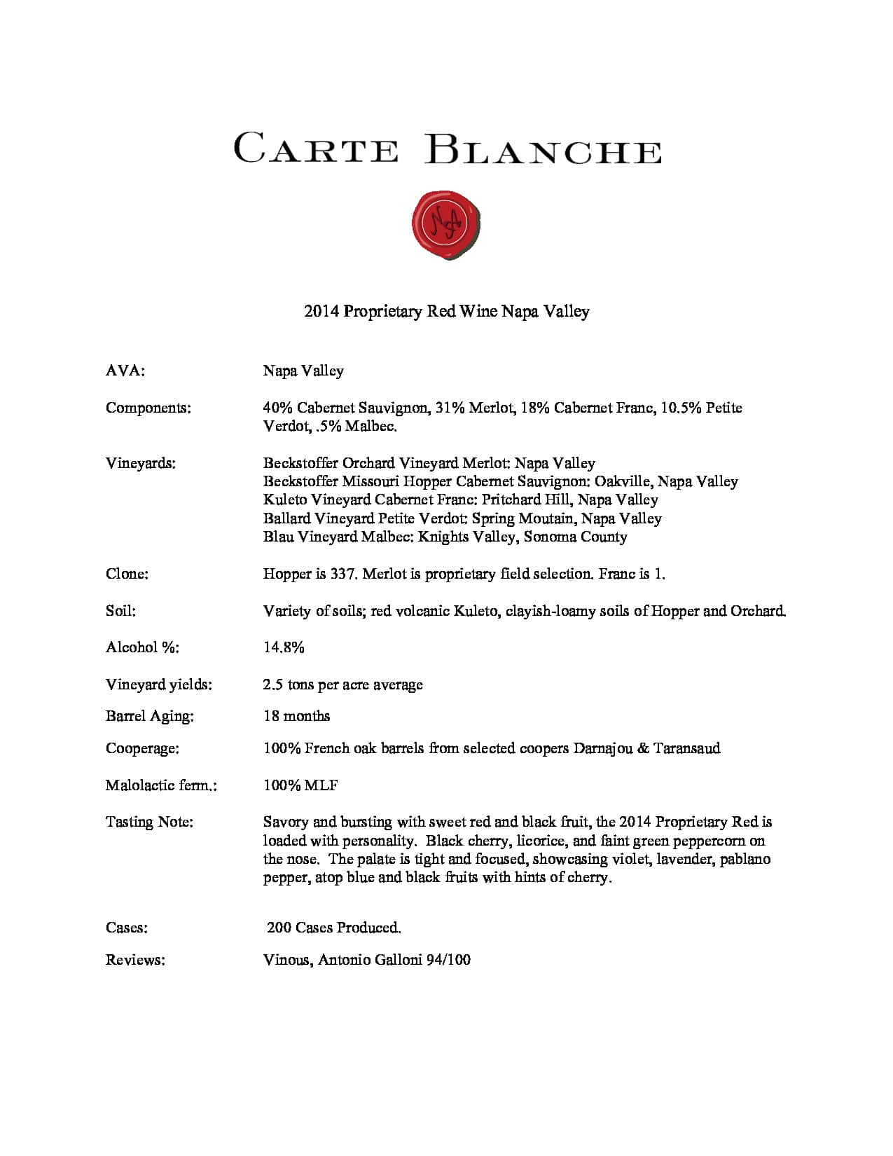 2014 Carte Blanche Proprietary Red