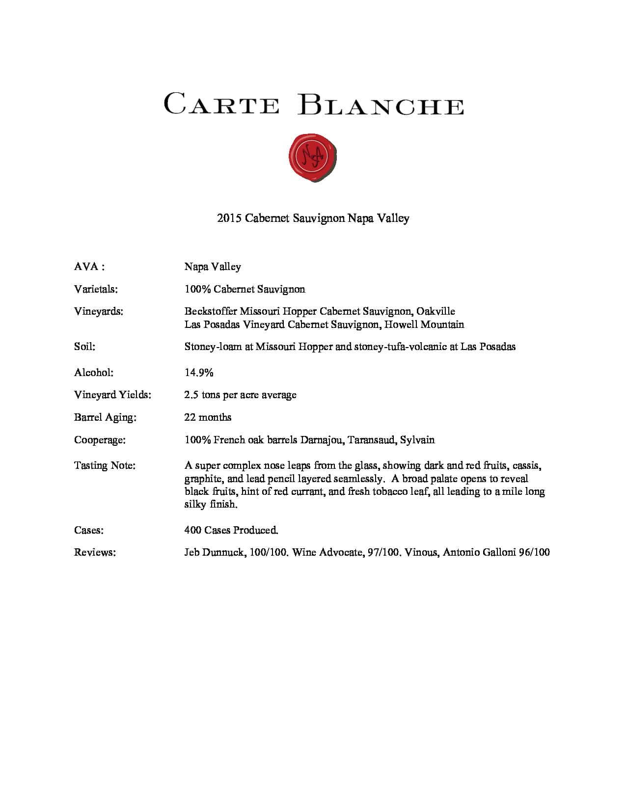 2015 Carte Blanche Cabernet Sauvignon