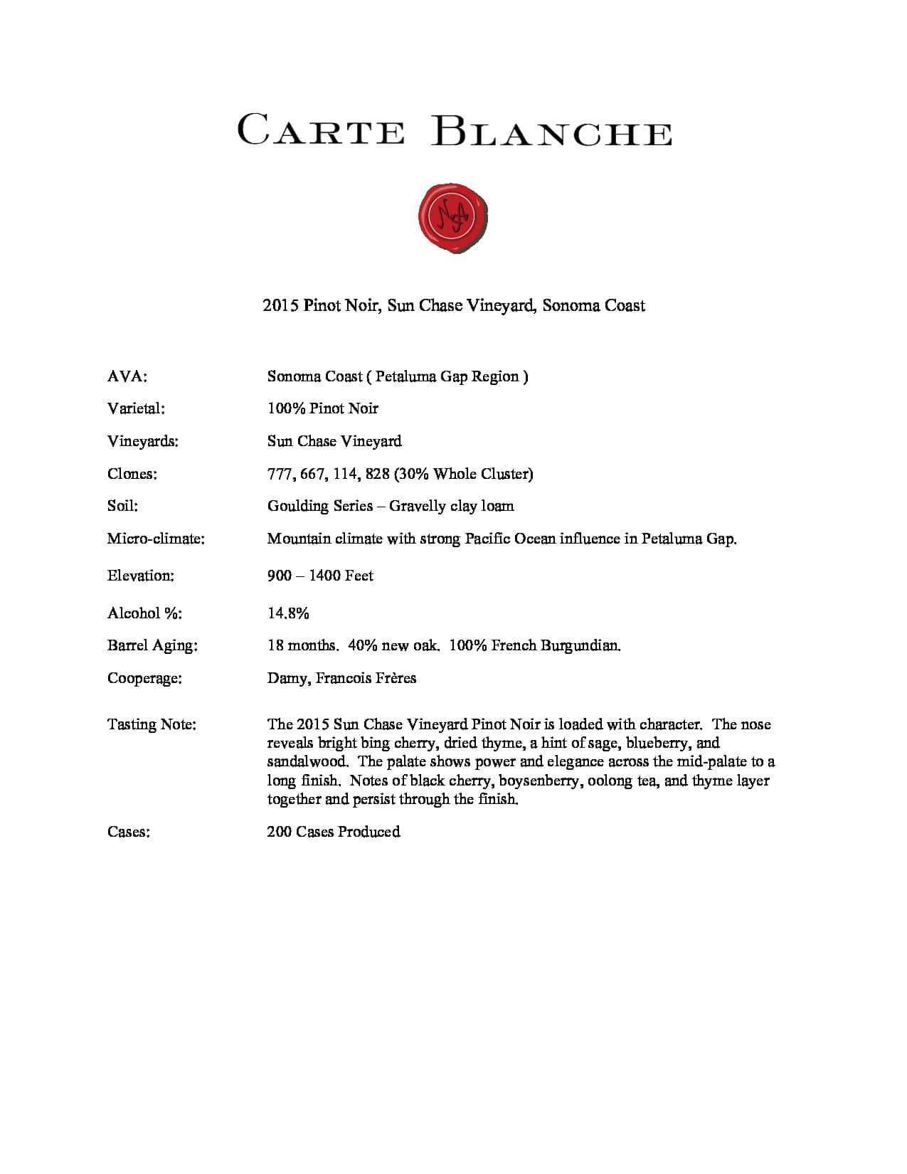 2015 Carte Blanche Pinot Noir