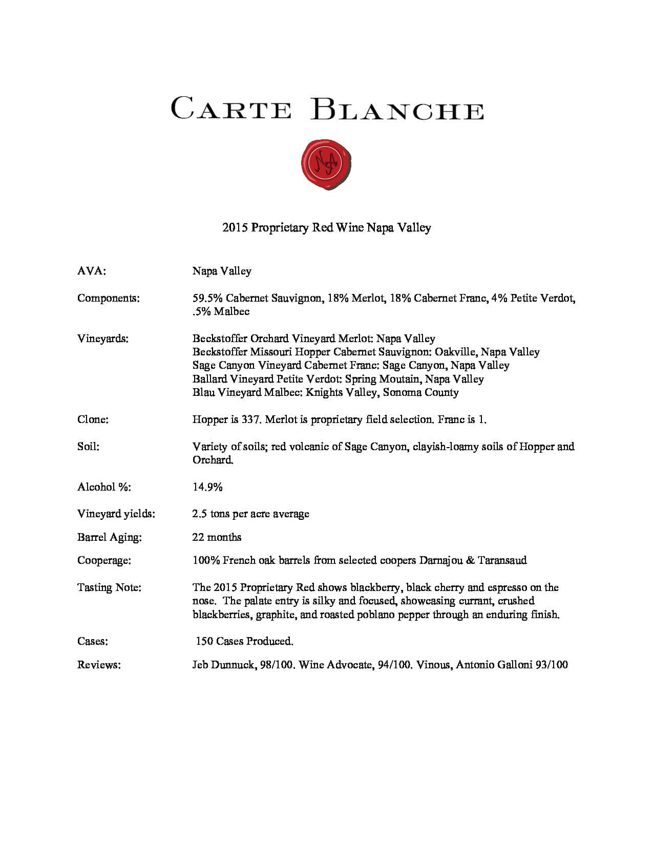 2015 Carte Blanche Proprietary Red