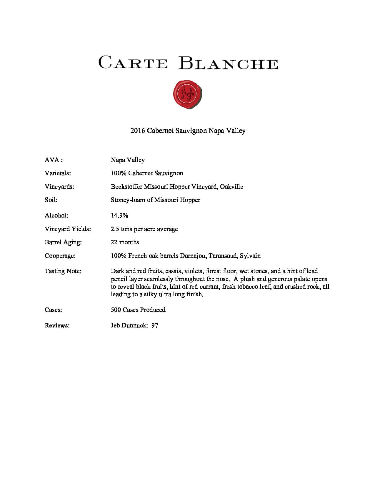 2016 Carte Blanche Cabernet Sauvignon