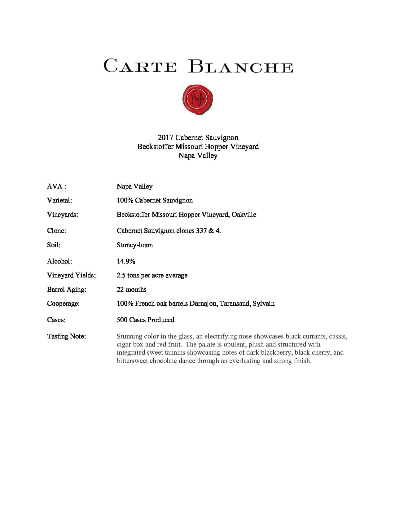 2017 Carte Blanche Cabernet Sauvignon